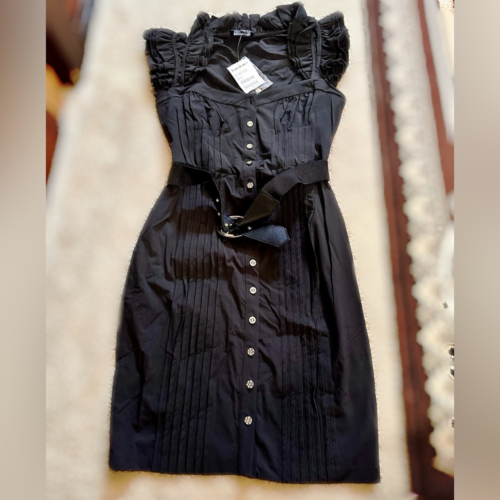 BEBE Black Midi Dress with Button Detail